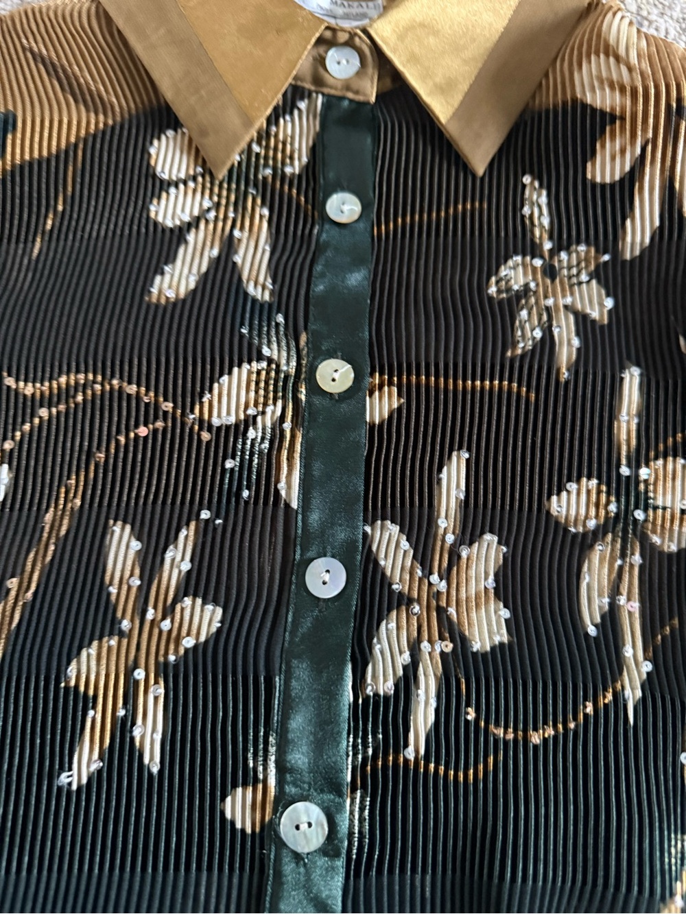 Alberto Makali button front shirt green Gold Pleated floral sequins small - Picture 3 of 8